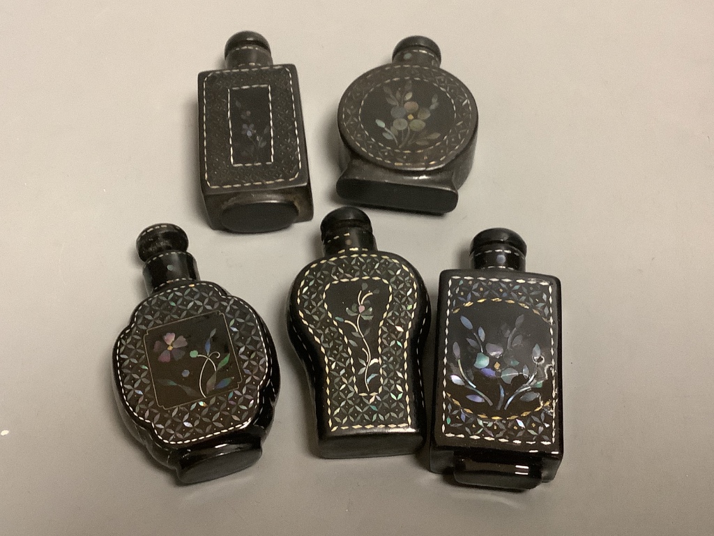 Nineteen various inlaid black lacquer snuff bottles